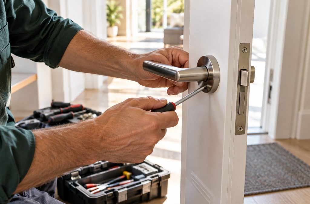 Manos de un técnico ajustando la manilla de una puerta abierta