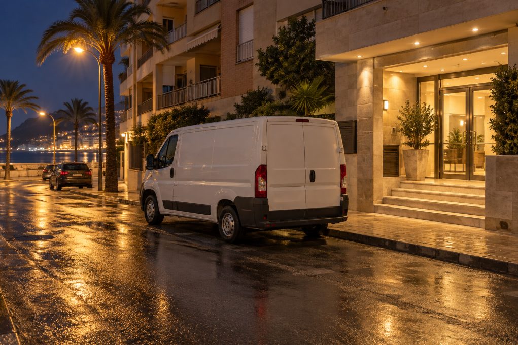 Furgoneta de servicio aparcada de noche frente a un portal iluminado