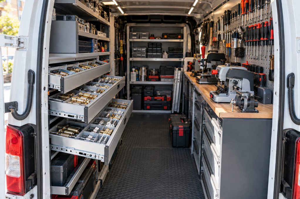 Interior de la furgoneta taller con cajones de bombines y máquina de llaves